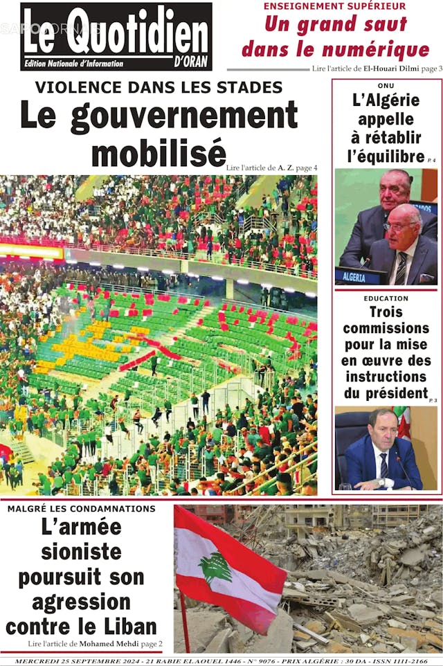 Capa jornal Le Quotidien D’Oran 2024-09-25