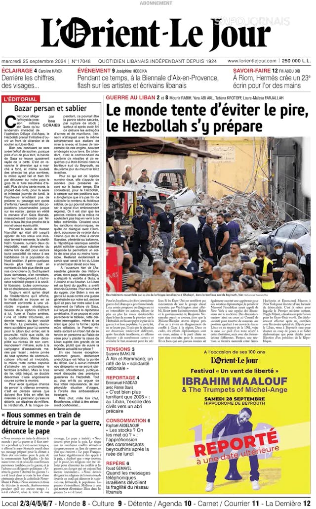 Capa jornal L'orient le jour 2024-09-25