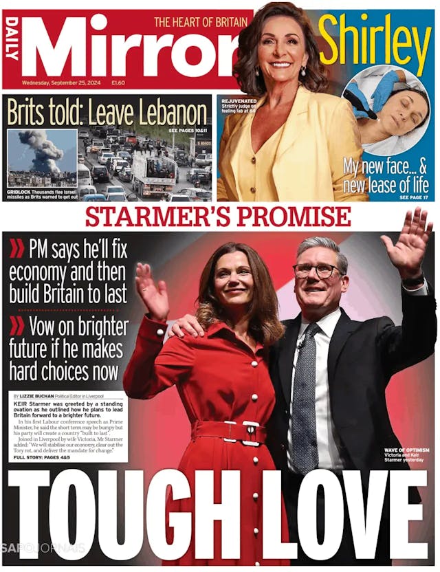 Capa jornal Daily Mirror 2024-09-25