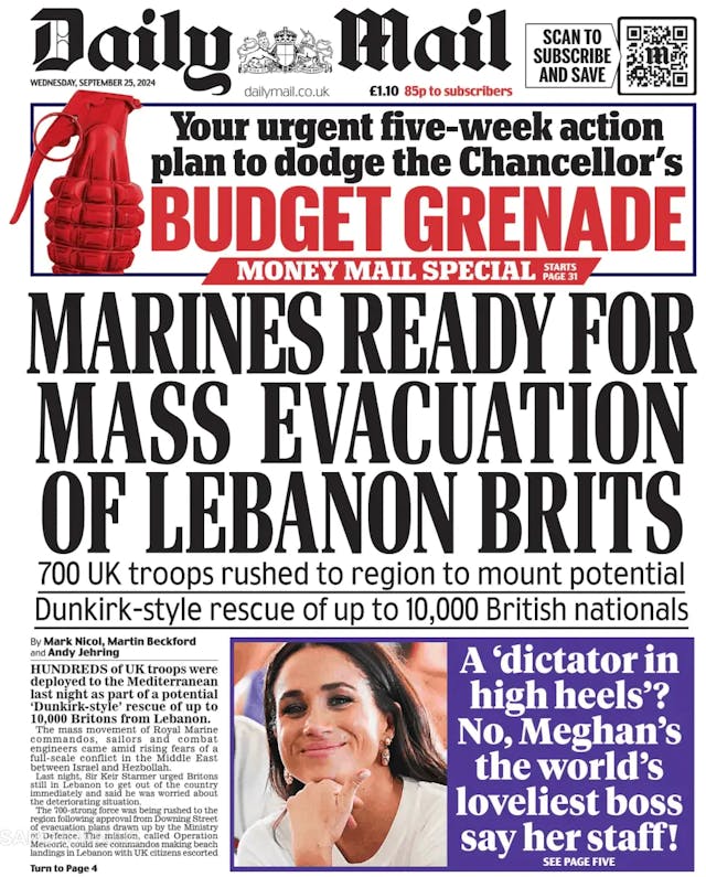 Capa jornal Daily Mail 2024-09-25