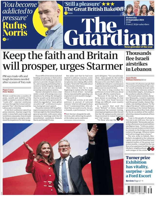 Capa jornal The Guardian 2024-09-25