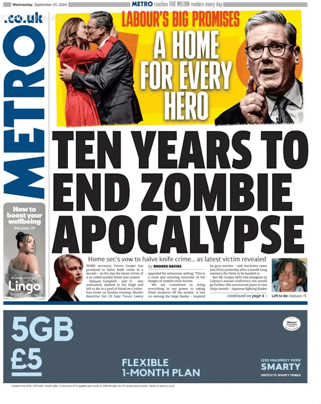 Capa jornal Metro London 2024-09-25