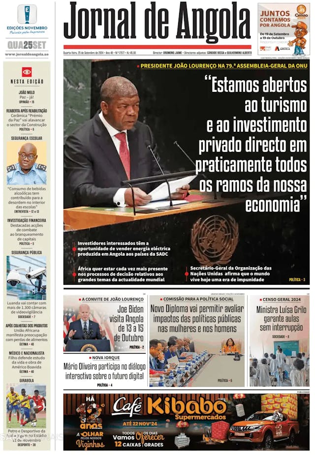 Capa jornal Jornal de Angola 2024-09-25