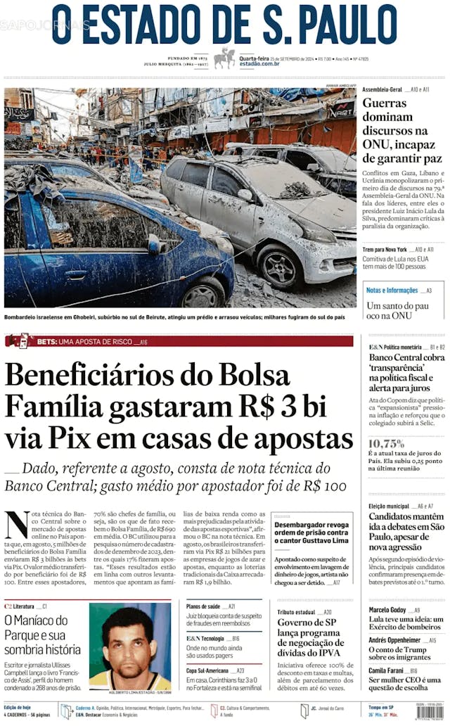 Capa jornal O Estado de S. Paulo 2024-09-25