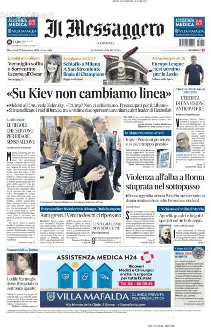 Capa jornal Il Messaggero 2024-09-25