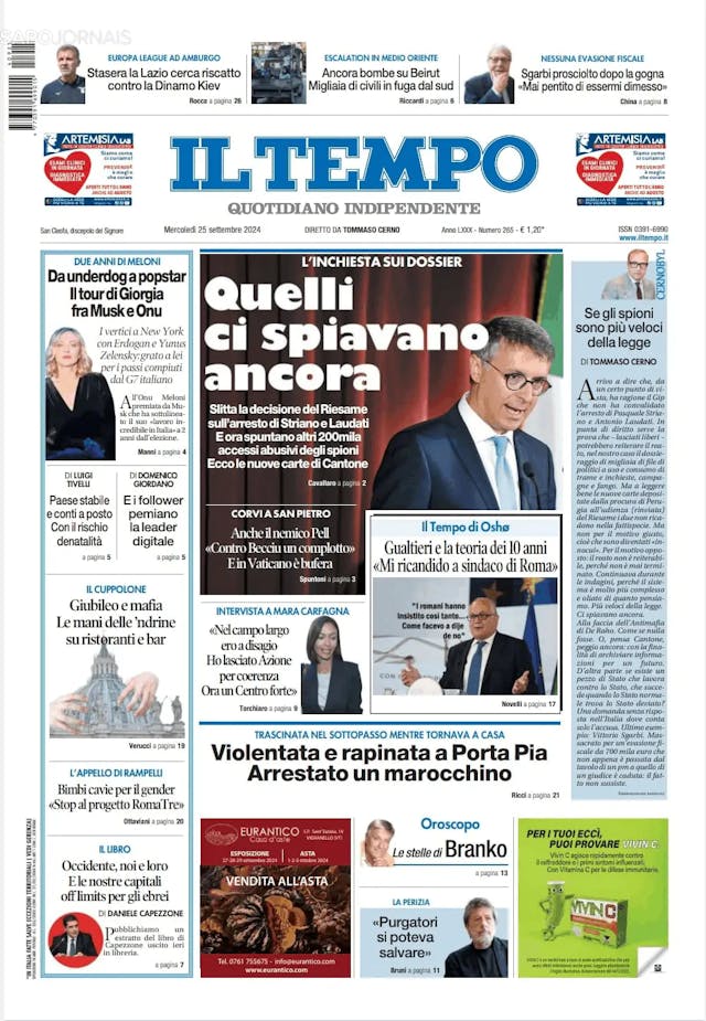 Capa jornal Il Tempo 2024-09-25