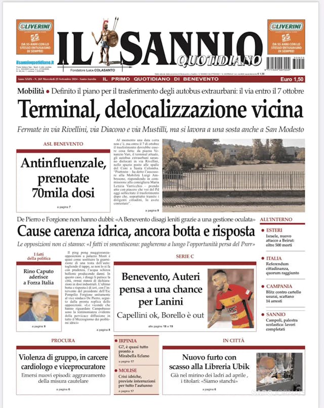 Capa jornal Il Sannio Quotidiano 2024-09-25