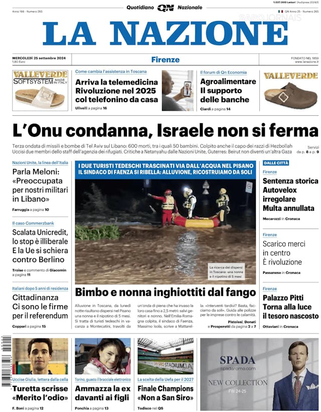 Capa jornal La Nazione 2024-09-25