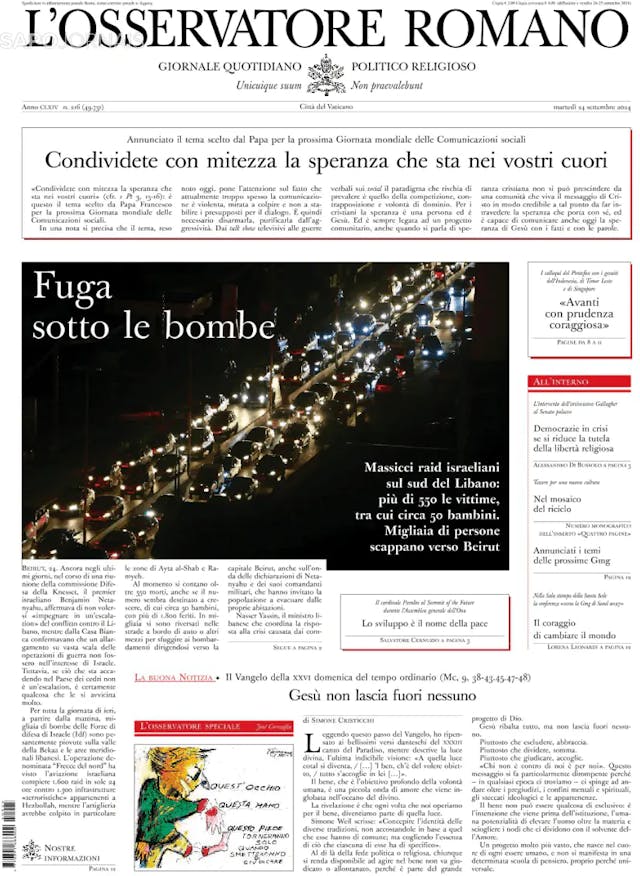 Capa jornal L'Osservatore Romano 2024-09-25