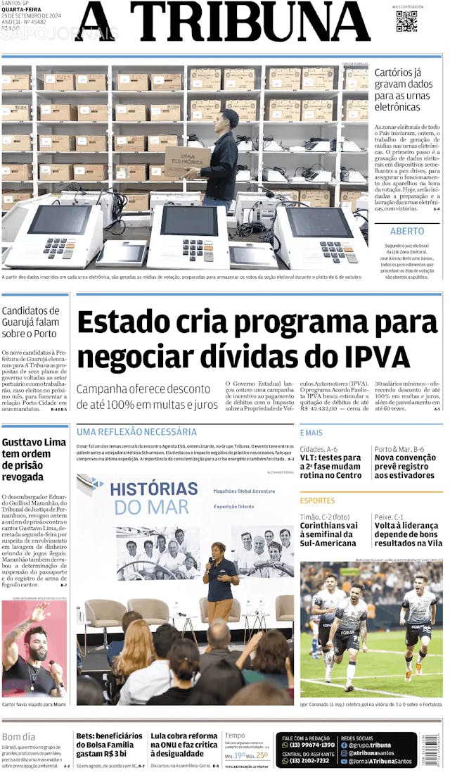 Capa jornal A Tribuna de Santos 2024-09-25