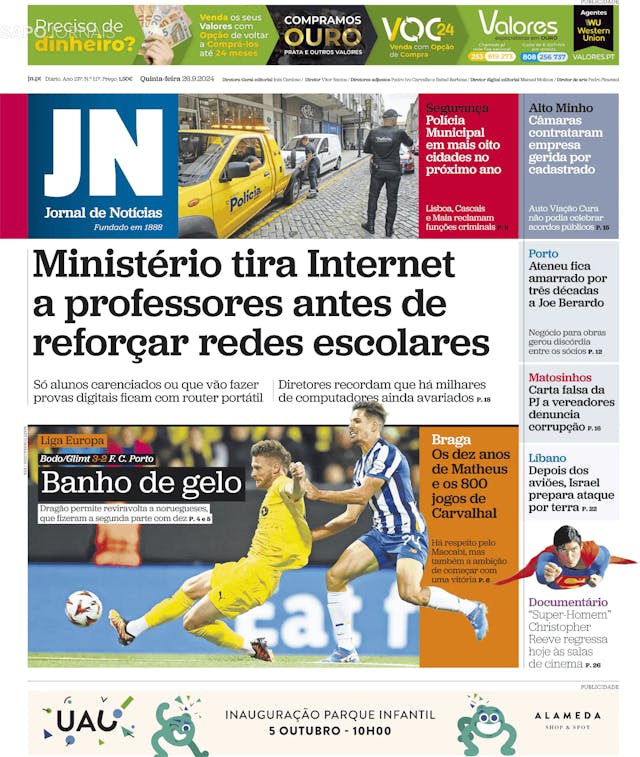 Capa jornal Jornal de Notícias 2024-09-26