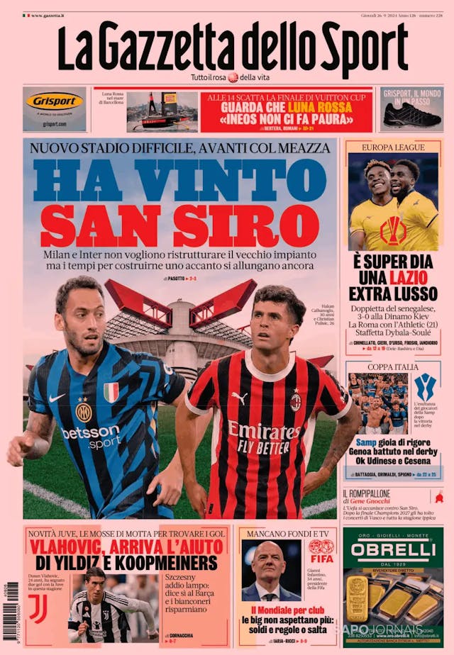 Capa jornal Gazzetta dello Sport 2024-09-26