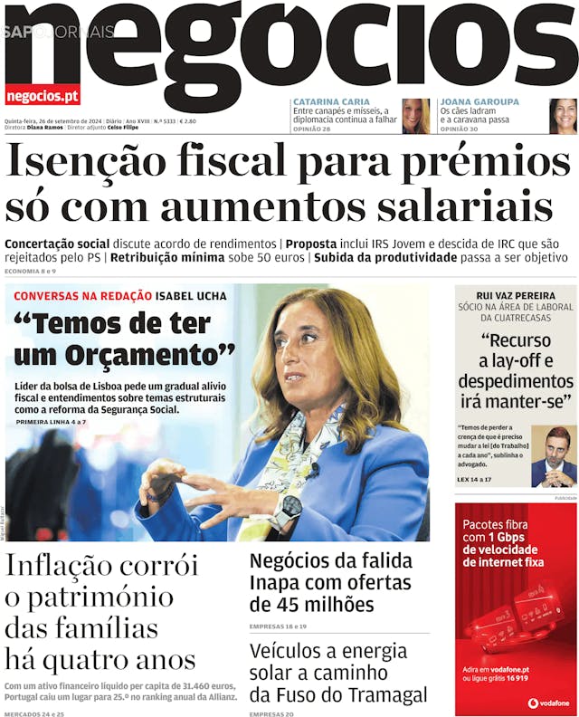 Capa jornal Jornal de Negócios 2024-09-26