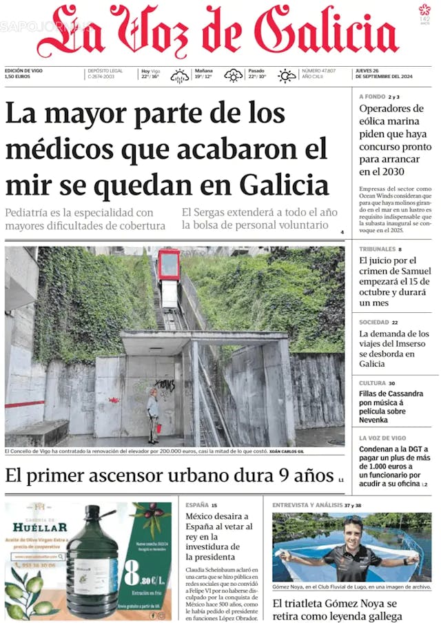 Capa jornal La Voz de Galicia 2024-09-26