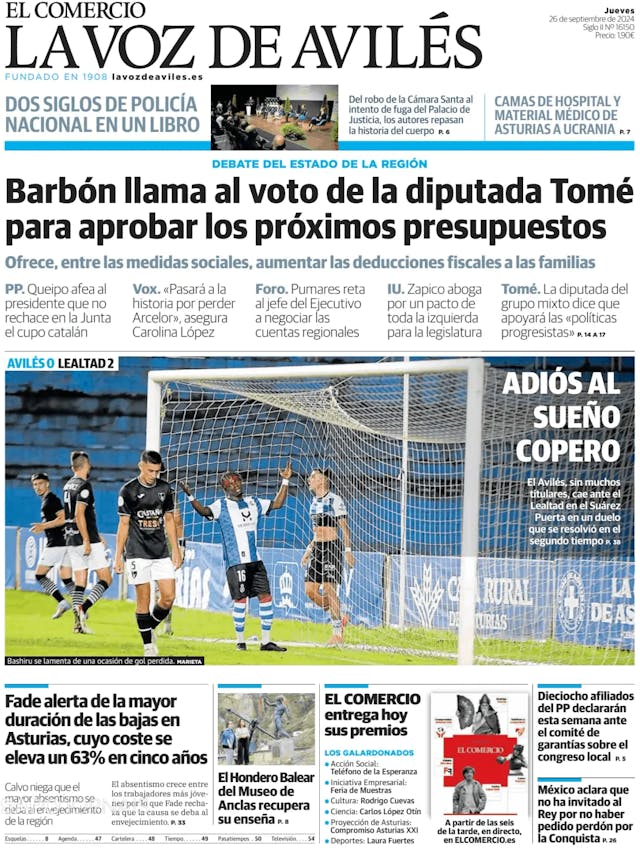 Capa jornal El Comercio La Voz de Avilés 2024-09-26