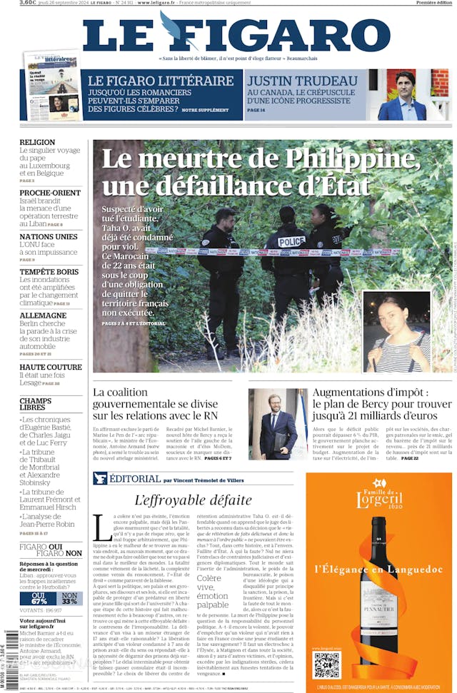 Capa jornal Le Figaro 2024-09-26