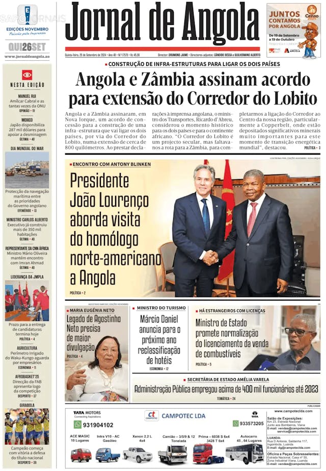 Capa jornal Jornal de Angola 2024-09-26