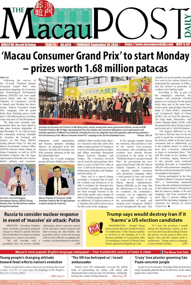 Capa jornal The Macau Post Daily 2024-09-26