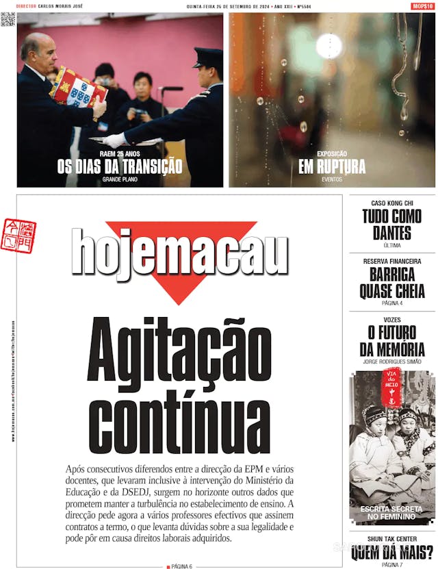 Capa jornal Hoje Macau 2024-09-26