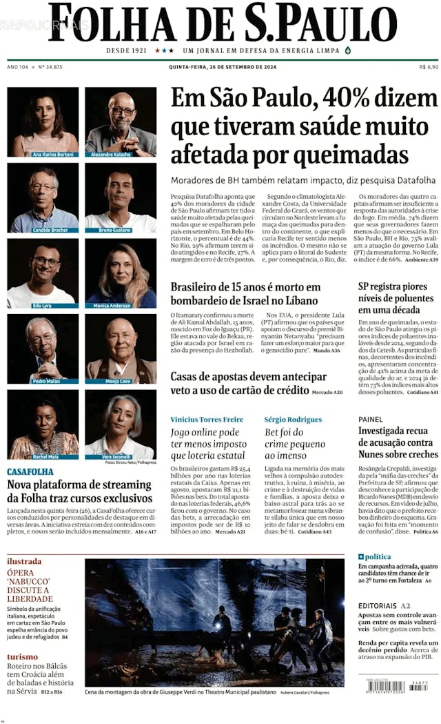 Capa jornal Folha de S. Paulo 2024-09-26