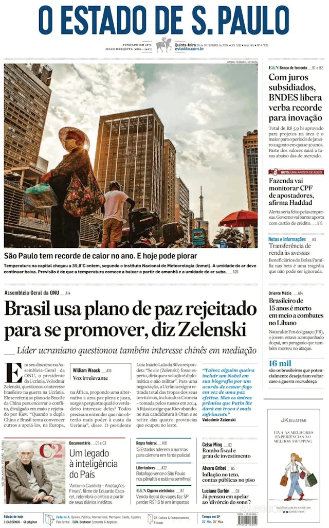 Capa jornal O Estado de S. Paulo 2024-09-26