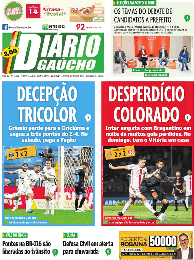 Capa jornal Diário Gaúcho 2024-09-26