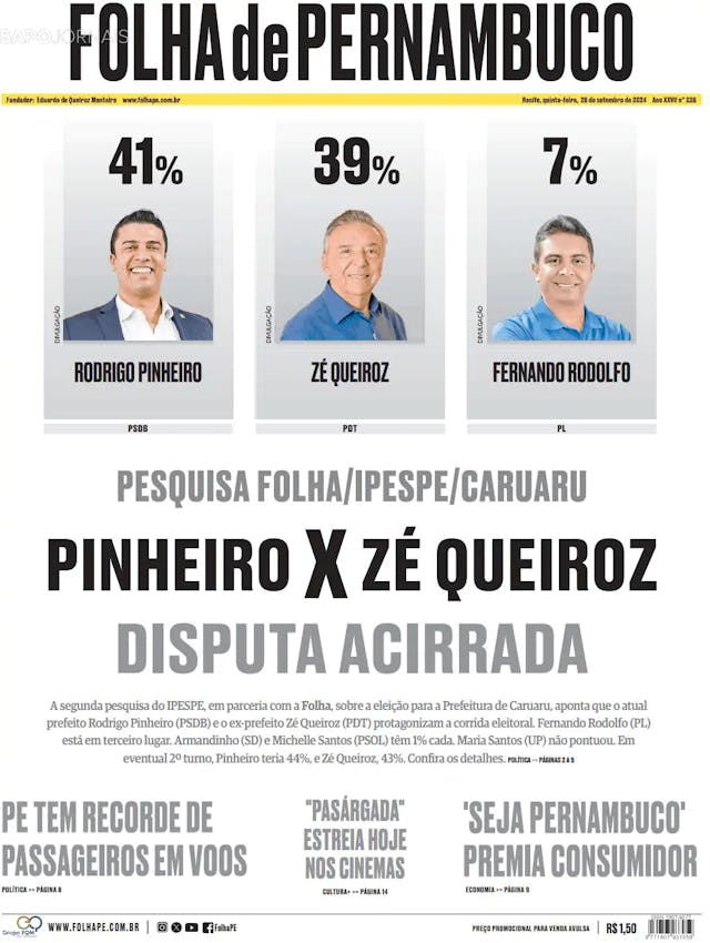 Capa jornal Folha de Pernambuco 2024-09-26