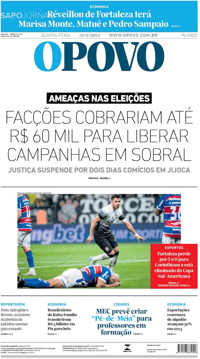 Capa jornal O Povo 2024-09-25