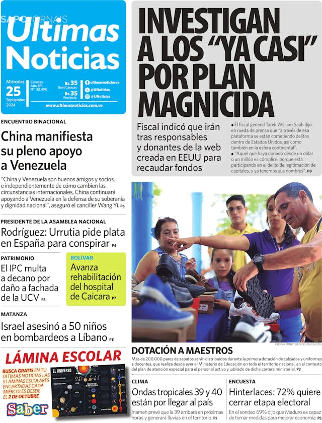 Capa jornal Últimas Noticias 2024-09-25