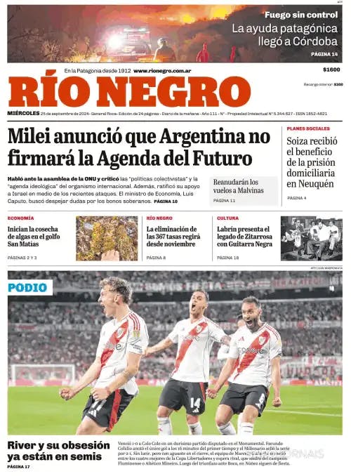 Capa jornal Rio Negro 2024-09-25