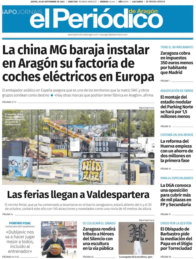 Capa jornal El Periódico de Aragón 2024-09-26