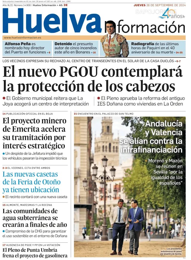 Capa jornal Huelva Información 2024-09-26