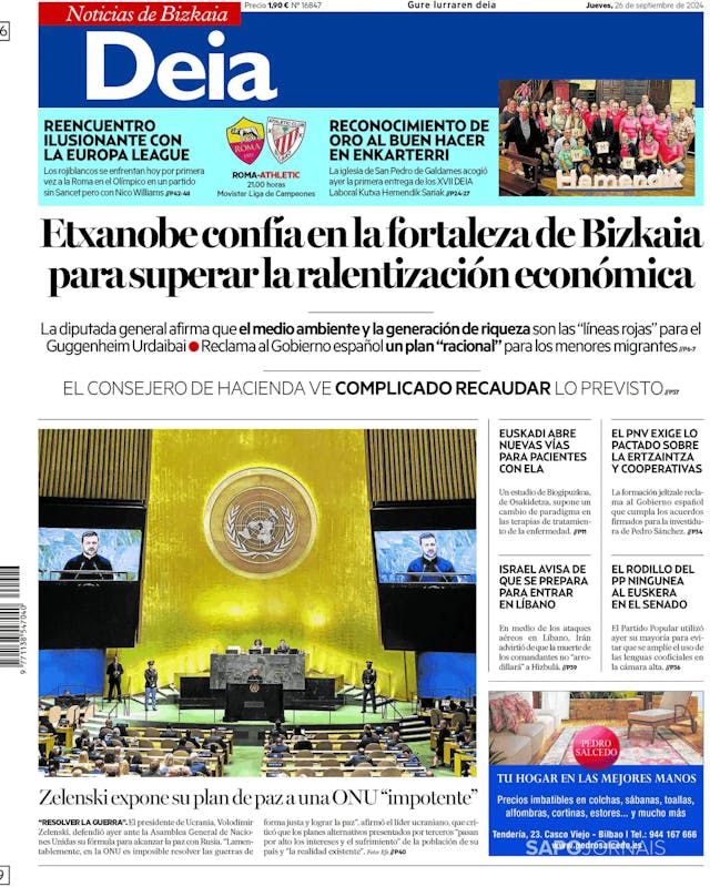 Capa jornal Deia-Noticias de Bizkaia 2024-09-26