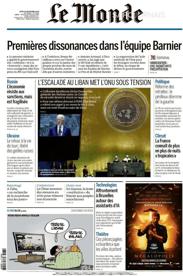 Capa jornal Le Monde 2024-09-26