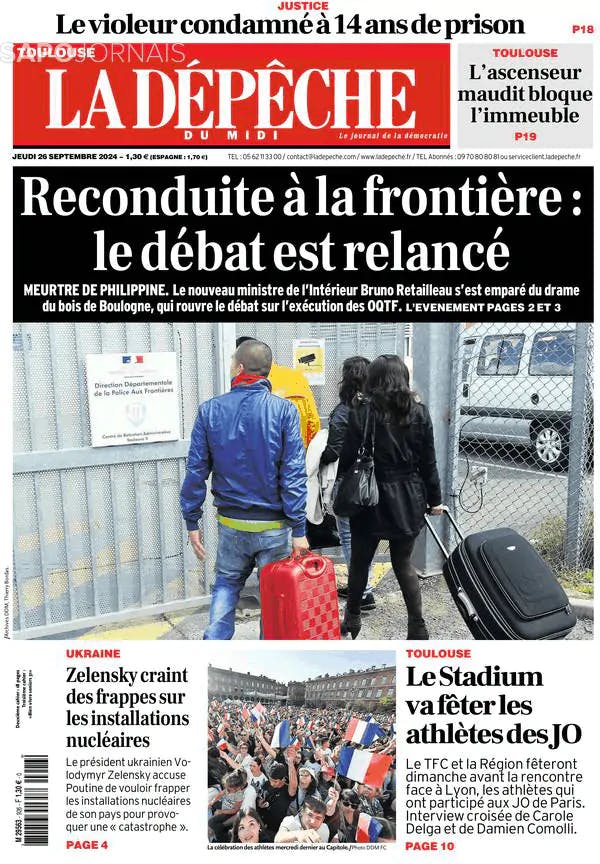 Capa jornal La Dépêche du Midi 2024-09-26