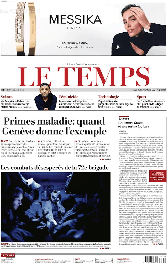 Capa jornal Le Temps 2024-09-26