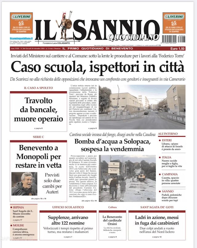 Capa jornal Il Sannio Quotidiano 2024-09-26