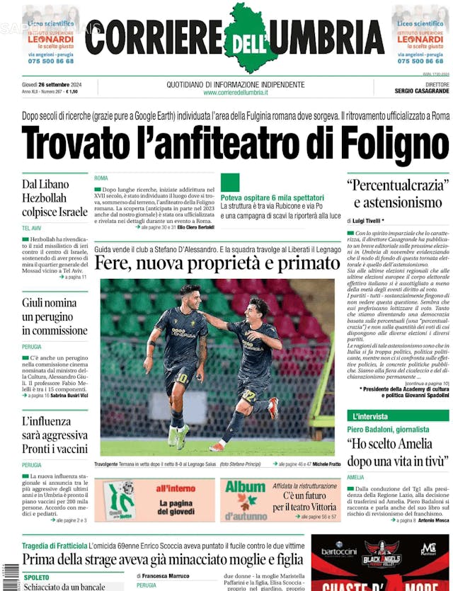 Capa jornal Corriere dell'Umbria 2024-09-26