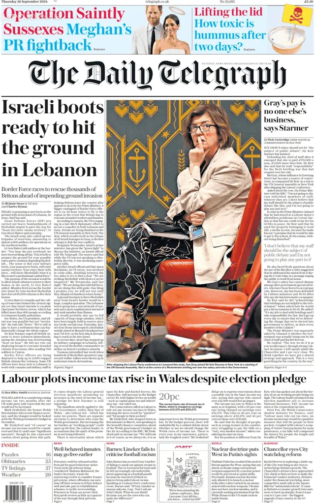 Capa jornal The Daily Telegraph 2024-09-26