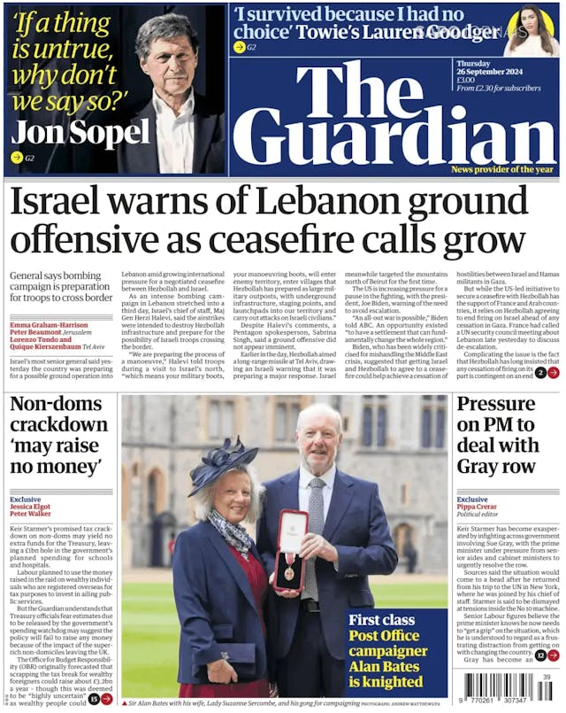 Capa jornal The Guardian 2024-09-26