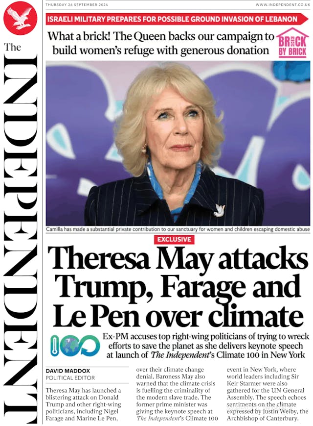 Capa jornal The Independent 2024-09-26