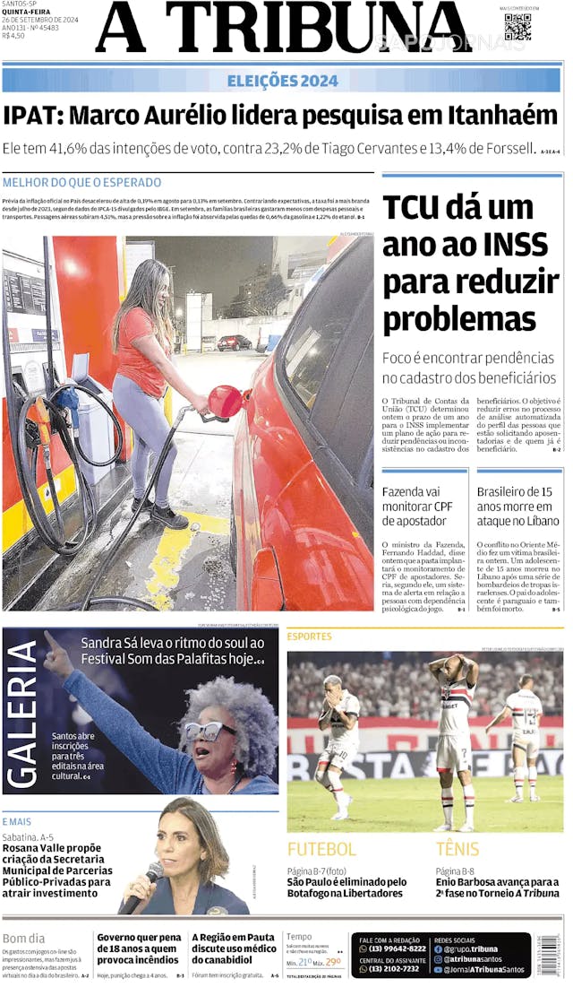 Capa jornal A Tribuna de Santos 2024-09-26