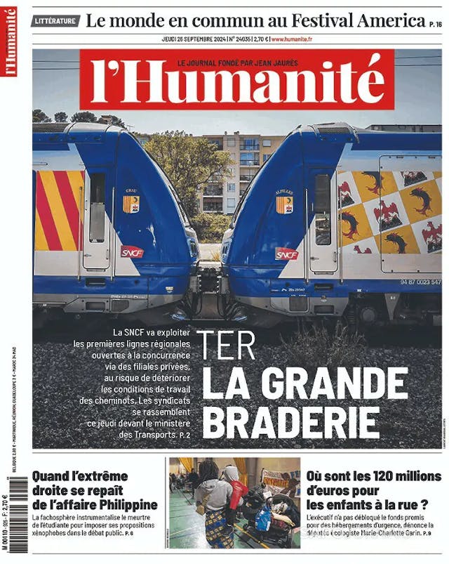 Capa jornal L'Humanité 2024-09-26