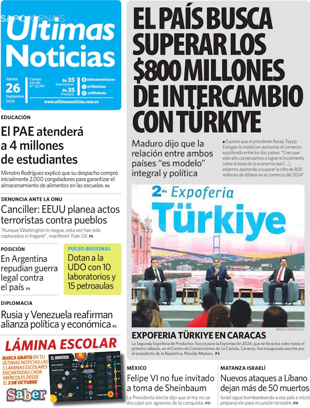 Capa jornal Últimas Noticias 2024-09-26