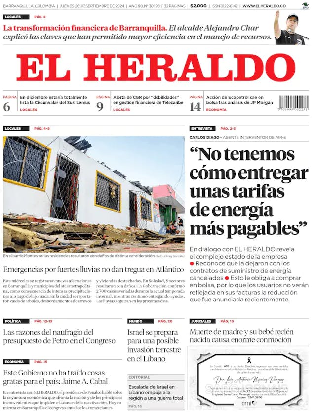 Capa jornal El Heraldo 2024-09-26