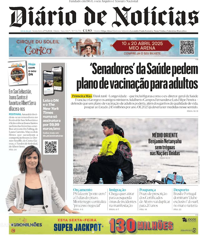 Capa jornal Diário de Notícias 2024-09-27