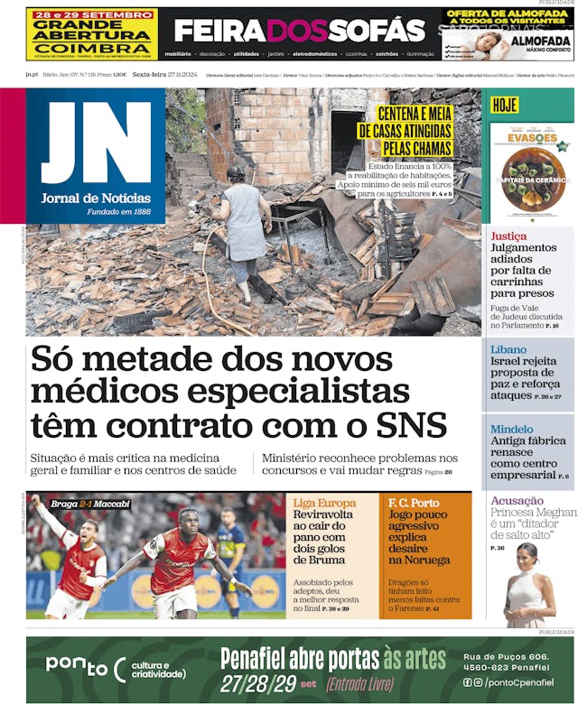 Capa jornal Jornal de Notícias 2024-09-27