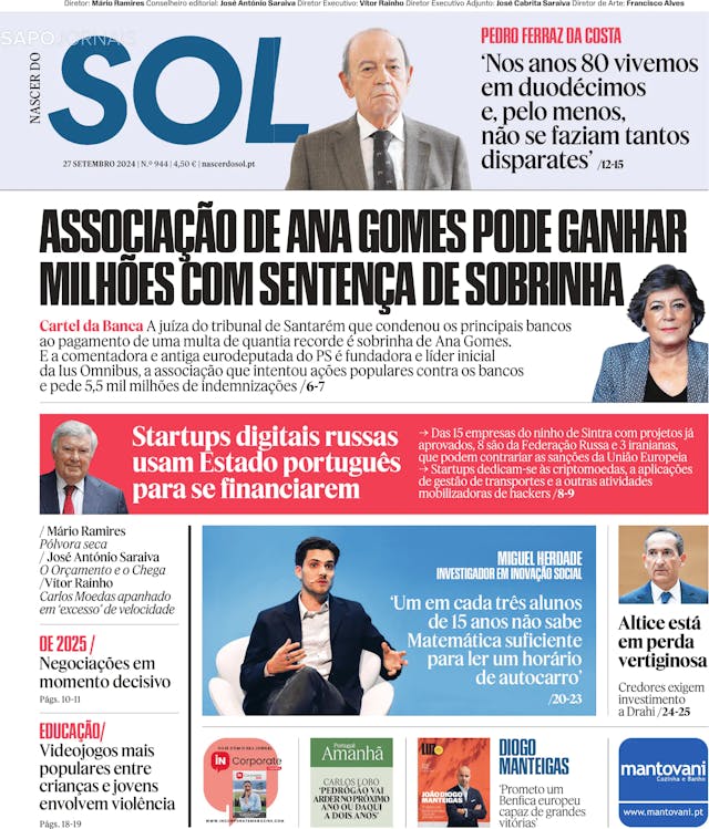 Capa jornal Nascer do SOL 2024-09-27