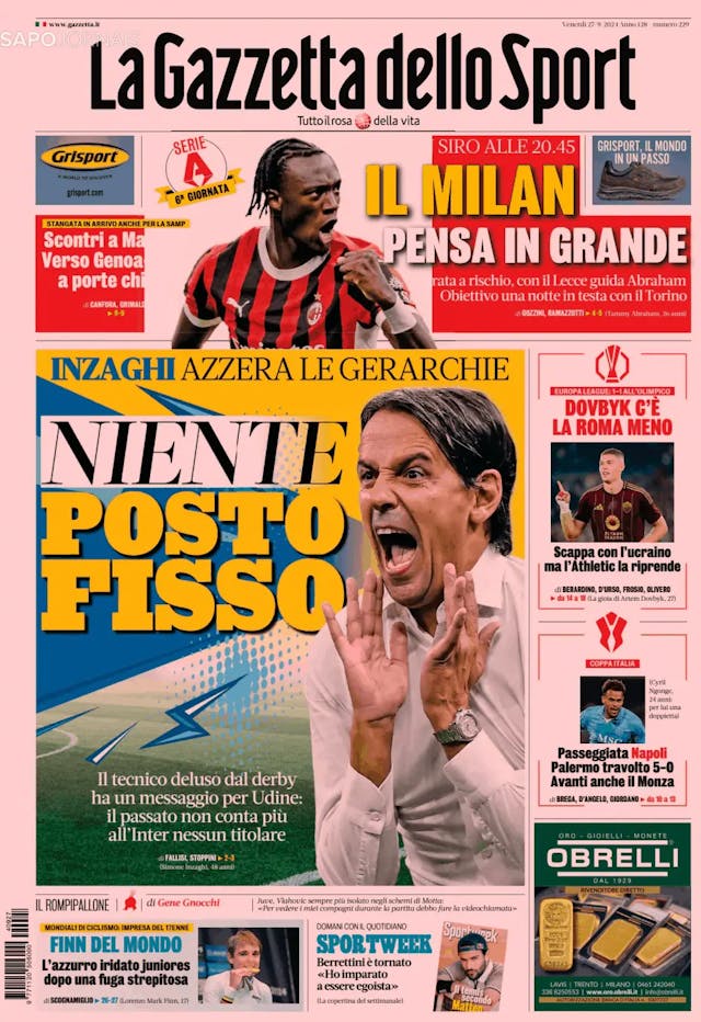 Capa jornal Gazzetta dello Sport 2024-09-27