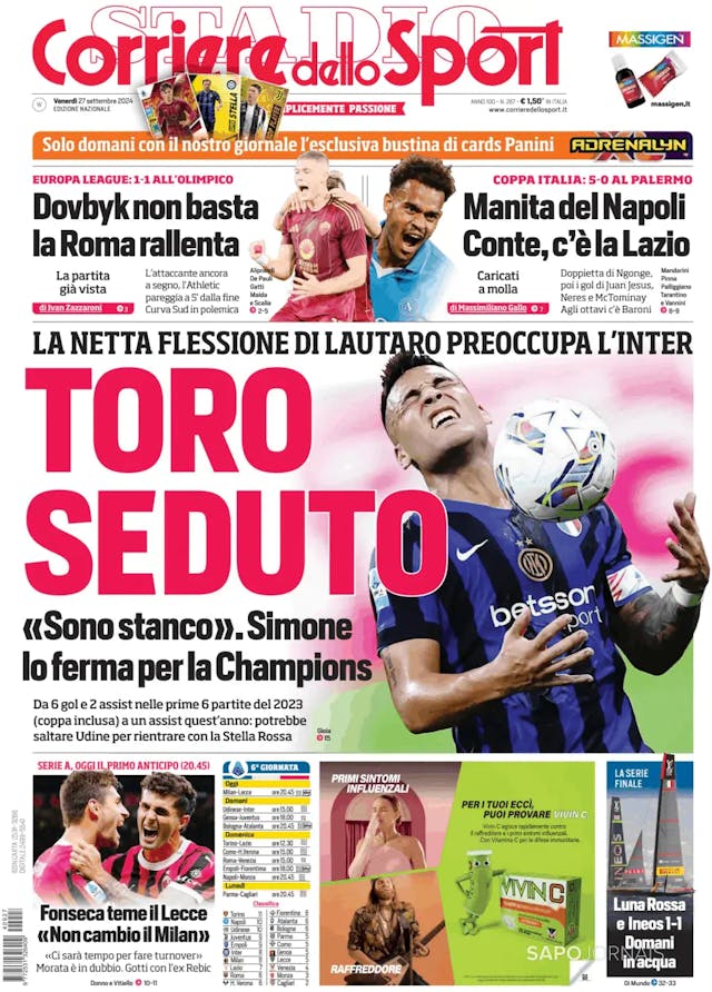 Capa jornal Corriere dello Sport 2024-09-27